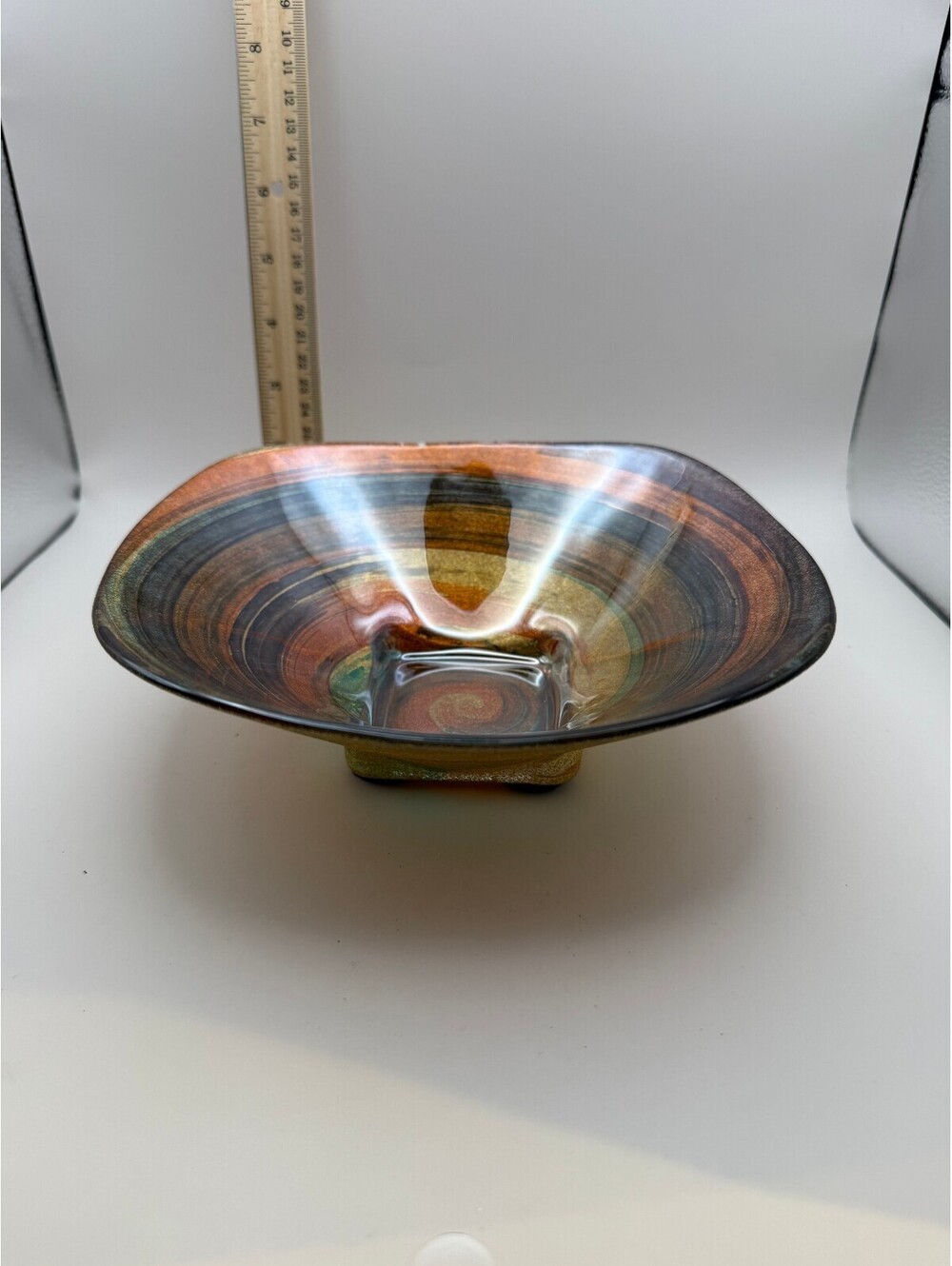 Vintage Studio Art Glass Bowl Metallic Copper Gold Green Swirl Square Base